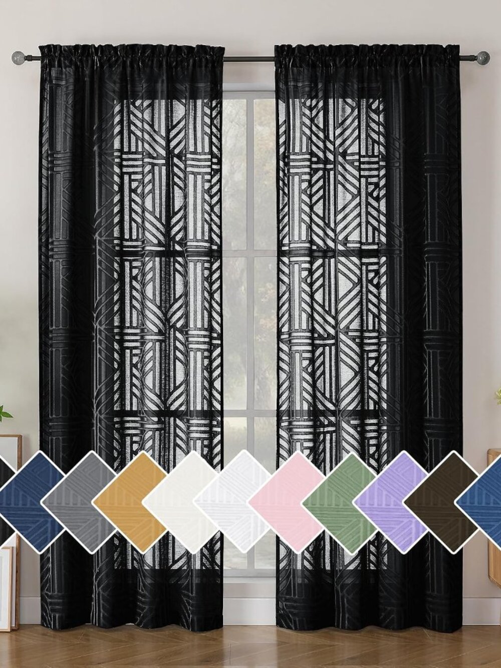 Black Semi Sheer Curtains 84 Inches Long 2 Panels, Light Filtering Geometric Jac